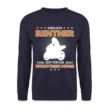 Motorradfahrer in Rente - endlich Zeit fürs - Unisex Pullover - Navy - Vorne - Alina (178cm) & Michal (187cm)
