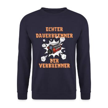 Echter Dauerbrenner der Verbrenner Shirt Auto PKW - Unisex Pullover - Navy - Vorne - Alina (178cm) & Michal (187cm)