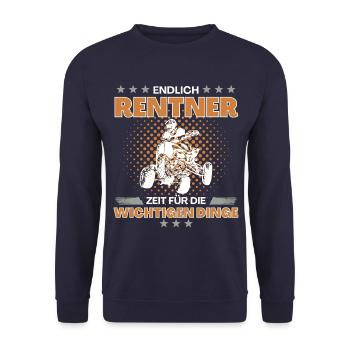 Quad Spruch - Quadfahrer in Rente! Endlich Zeit - Unisex Pullover - Navy - Vorne - Alina (178cm) & Michal (187cm)