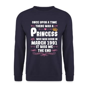 Es war einmal eine Prinzessin. März 1991 Geburtsta - Unisex Pullover - Navy - Vorne - Alina (178cm) & Michal (187cm)