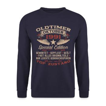 Oldtimer Oktober 1991 31. Geburtstag Geschenk - Unisex Pullover - Navy - Vorne - Alina (178cm) & Michal (187cm)