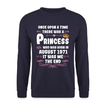 Es war einmal eine Prinzessin. August 1971 Geburts - Unisex Pullover - Navy - Vorne - Alina (178cm) & Michal (187cm)