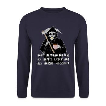 Skelett Sensenmann trinkt Kaffee Halloween - Unisex Pullover - Navy - Vorne - Alina (178cm) & Michal (187cm)