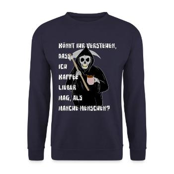 Skelett Sensenmann trinkt Kaffee Halloween - Unisex Pullover - Navy - Vorne - Alina (178cm) & Michal (187cm)
