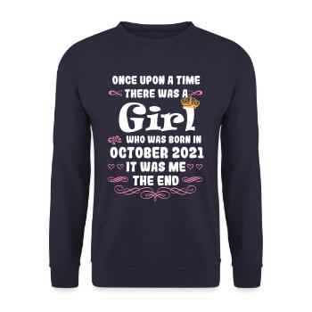 Es war einmal ein Mädchen. Oktober 2021 Geburtstag - Unisex Pullover - Navy - Vorne - Alina (178cm) & Michal (187cm)
