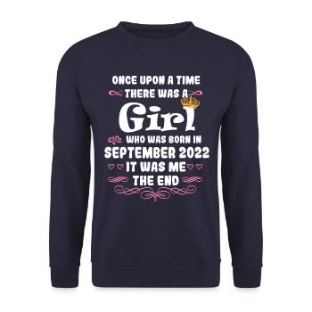 Es war einmal ein Mädchen. September 2022 Geburtst - Unisex Pullover - Navy - Vorne - Alina (178cm) & Michal (187cm)
