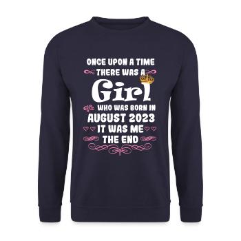 Es war einmal ein Mädchen. August 2023 Geburtstag - Unisex Pullover - Navy - Vorne - Alina (178cm) & Michal (187cm)
