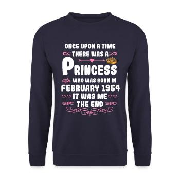 Es war einmal eine Prinzessin. Februar 1954 Geburt - Unisex Pullover - Navy - Vorne - Alina (178cm) & Michal (187cm)