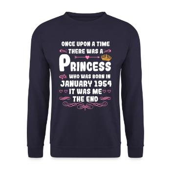 Es war einmal eine Prinzessin. Januar 1954 Geburts - Unisex Pullover - Navy - Vorne - Alina (178cm) & Michal (187cm)
