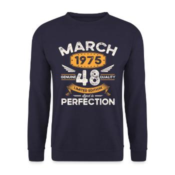 48th birthday man woman March born 1975 Legend - Unisex Sweatshirt - navy - Front - Alina (178cm) & Michal (187cm)