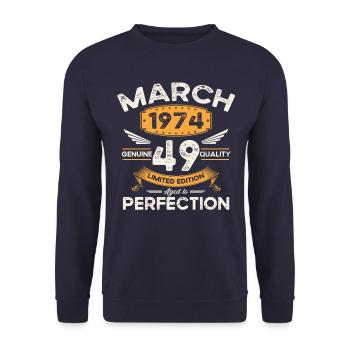 49th birthday man woman March born 1974 Legend - Unisex Sweatshirt - navy - Front - Alina (178cm) & Michal (187cm)