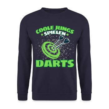 COOLE JUNGS SPIELEN DARTS! Dart Dartspieler Darts - Unisex Pullover - Navy - Vorne - Alina (178cm) & Michal (187cm)