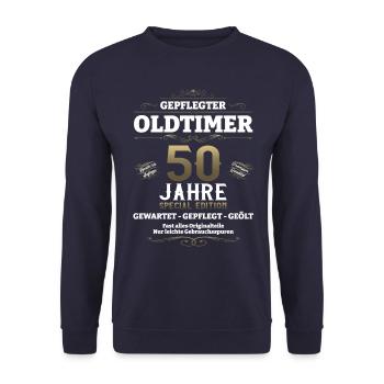 50. Geburtstag Mann Oldtimer Jahrgang 1973 - Unisex Pullover - Navy - Vorne - Alina (178cm) & Michal (187cm)