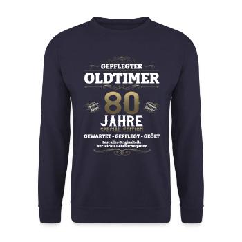 80. Geburtstag Mann Oldtimer Jahrgang 1943 - Unisex Pullover - Navy - Vorne - Alina (178cm) & Michal (187cm)