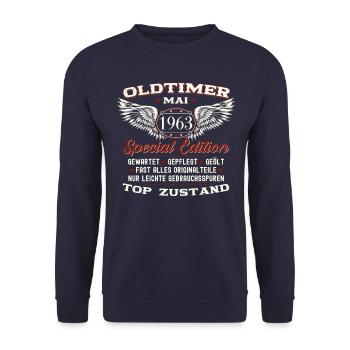 60. Geburtstag Mann Oldtimer Mai Jahrgang 1963 - Unisex Pullover - Navy - Vorne - Alina (178cm) & Michal (187cm)