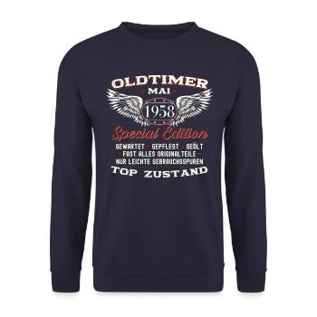 65. Geburtstag Mann Oldtimer Mai Jahrgang 1958 - Unisex Pullover - Navy - Vorne - Alina (178cm) & Michal (187cm)