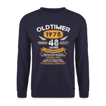48. Geburtstag Mann Oldtimer Jahrgang 1975 Orange - Unisex Pullover - Navy - Vorne - Alina (178cm) & Michal (187cm)