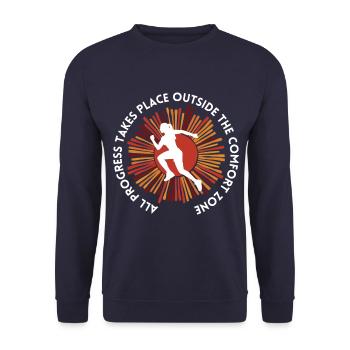 Fortschritt findet außerhalb der Komfortzone statt - Unisex Pullover - Navy - Vorne - Alina (178cm) & Michal (187cm)