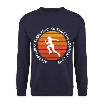 Fortschritt findet außerhalb der Komfortzone statt - Unisex Pullover - Navy - Vorne - Alina (178cm) & Michal (187cm)