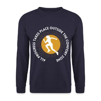 Fortschritt findet außerhalb der Komfortzone statt - Unisex Pullover - Navy - Vorne - Alina (178cm) & Michal (187cm)