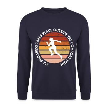 Fortschritt findet außerhalb der Komfortzone statt - Unisex Pullover - Navy - Vorne - Alina (178cm) & Michal (187cm)