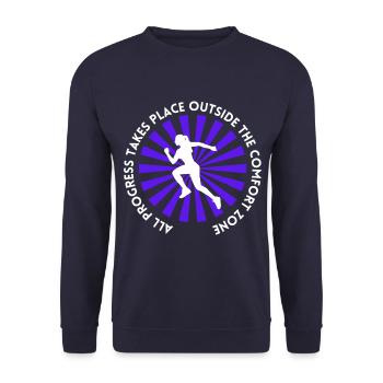 Fortschritt findet außerhalb der Komfortzone statt - Unisex Pullover - Navy - Vorne - Alina (178cm) & Michal (187cm)