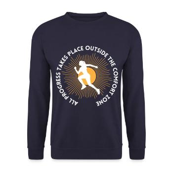 Fortschritt findet außerhalb der Komfortzone statt - Unisex Pullover - Navy - Vorne - Alina (178cm) & Michal (187cm)