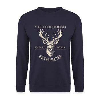 Mei Lederhosn trogt no da Hirsch Lederhose Ersatz - Unisex Pullover - Navy - Vorne - Alina (178cm) & Michal (187cm)