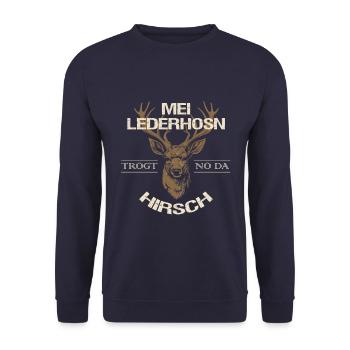 Mei Lederhosn trogt no da Hirsch Lederhose Ersatz - Unisex Pullover - Navy - Vorne - Alina (178cm) & Michal (187cm)