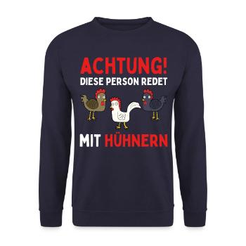ACHTUNG ICH REDE MIT HÜHNERN! Lustiges Hühner Ei - Unisex Pullover - Navy - Vorne - Alina (178cm) & Michal (187cm)