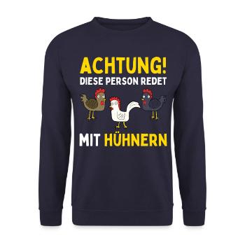 ACHTUNG ICH REDE MIT HÜHNERN! Lustiges Hühner Ei - Unisex Pullover - Navy - Vorne - Alina (178cm) & Michal (187cm)