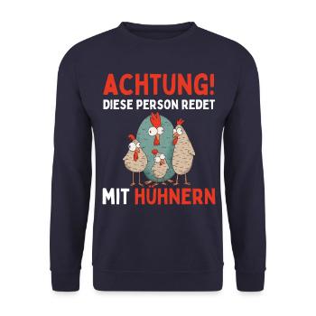 ACHTUNG ICH REDE MIT HÜHNERN! Lustiges Hühner Ei - Unisex Pullover - Navy - Vorne - Alina (178cm) & Michal (187cm)