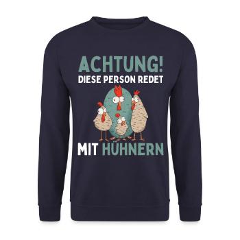 ACHTUNG ICH REDE MIT HÜHNERN! Lustiges Hühner Ei - Unisex Pullover - Navy - Vorne - Alina (178cm) & Michal (187cm)