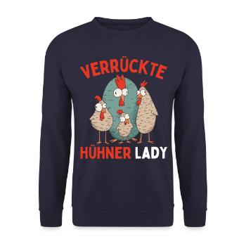 CRAZY CHICKENS LADY Funny Farmer Chickens - Unisex Sweatshirt - navy - Front - Alina (178cm) & Michal (187cm)