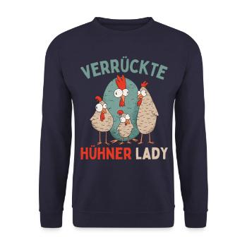 CRAZY CHICKENS LADY Funny Farmer Chickens - Unisex Sweatshirt - navy - Front - Alina (178cm) & Michal (187cm)