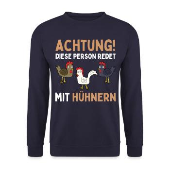 ACHTUNG ICH REDE MIT HÜHNERN! Lustiges Hühner Ei - Unisex Pullover - Navy - Vorne - Alina (178cm) & Michal (187cm)