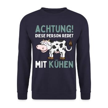 ACHTUNG! DIESE PERSON REDET MIT KÜHEN! Lustiges - Unisex Pullover - Navy - Vorne - Alina (178cm) & Michal (187cm)