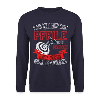 Lustiger Darts Spruch REICHT MIR DIE PFEILE IHR - Unisex Pullover - Navy - Vorne - Alina (178cm) & Michal (187cm)