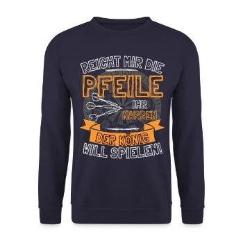 Lustiger Darts Spruch REICHT MIR DIE PFEILE IHR - Unisex Pullover - Navy - Vorne - Alina (178cm) & Michal (187cm)