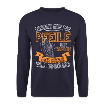Lustiger Darts Spruch REICHT MIR DIE PFEILE IHR - Unisex Pullover - Navy - Vorne - Alina (178cm) & Michal (187cm)
