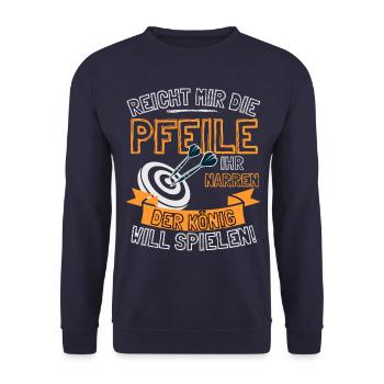 Lustiger Darts Spruch REICHT MIR DIE PFEILE IHR - Unisex Pullover - Navy - Vorne - Alina (178cm) & Michal (187cm)