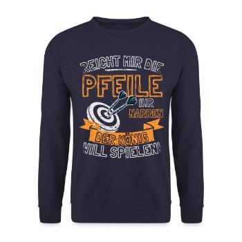 Lustiger Darts Spruch REICHT MIR DIE PFEILE IHR - Unisex Pullover - Navy - Vorne - Alina (178cm) & Michal (187cm)