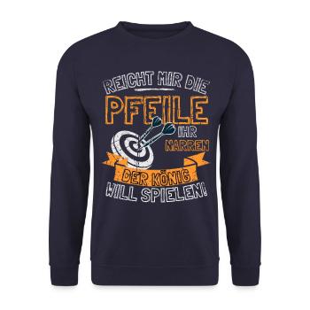 Lustiger Darts Spruch REICHT MIR DIE PFEILE IHR - Unisex Pullover - Navy - Vorne - Alina (178cm) & Michal (187cm)