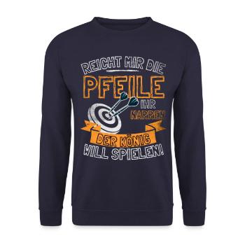 Lustiger Darts Spruch REICHT MIR DIE PFEILE IHR - Unisex Pullover - Navy - Vorne - Alina (178cm) & Michal (187cm)