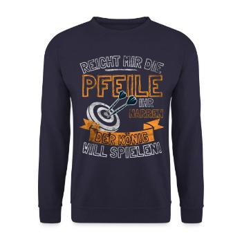 Lustiger Darts Spruch REICHT MIR DIE PFEILE IHR - Unisex Pullover - Navy - Vorne - Alina (178cm) & Michal (187cm)