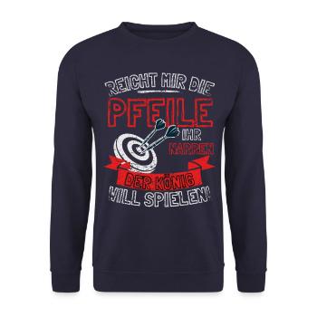 Lustiger Darts Spruch REICHT MIR DIE PFEILE IHR - Unisex Pullover - Navy - Vorne - Alina (178cm) & Michal (187cm)