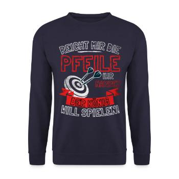 Lustiger Darts Spruch REICHT MIR DIE PFEILE IHR - Unisex Pullover - Navy - Vorne - Alina (178cm) & Michal (187cm)