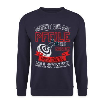 Lustiger Darts Spruch REICHT MIR DIE PFEILE IHR - Unisex Pullover - Navy - Vorne - Alina (178cm) & Michal (187cm)