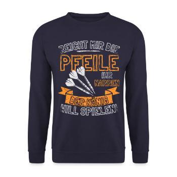 Lustiger Darts Spruch REICHT MIR DIE PFEILE IHR - Unisex Pullover - Navy - Vorne - Alina (178cm) & Michal (187cm)