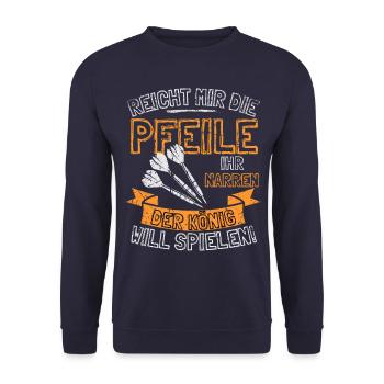 Lustiger Darts Spruch REICHT MIR DIE PFEILE IHR - Unisex Pullover - Navy - Vorne - Alina (178cm) & Michal (187cm)